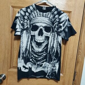 Vintage Y2K Skull Native American Warbonnet‎ Feathers Shirt Small